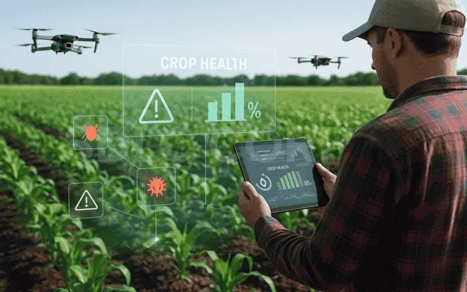 Generative AI in Agritech detecting pests and diseases early with AI crop health dashboard and drones scanning the field.