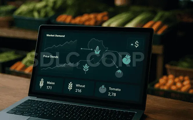Generative AI in Agritech market access dashboard displaying crop demand, price trends, and supply chain insights for farmers.
