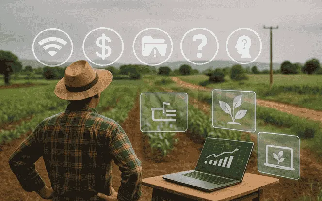 Farmer facing challenges of Generative AI in Agritech with icons for cost, internet connectivity, skills, and data limitations.