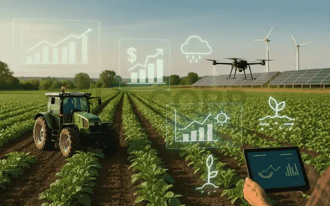 Generative AI in Agritech showing smart farming with a tractor, drone, and AI dashboard predicting crop yield, weather, and market trends.