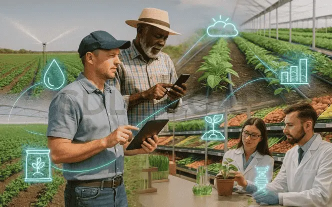 Generative AI in Agritech with farmers using tablets and researchers in a lab analyzing plants, supported by AI data overlays for water, weather, and crop growth.