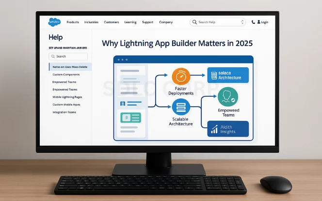 Salesforce tutorial slide on "Why Lightning App Builder Matters in 2025" highlighting benefits such as Faster Deployments, Scalable Architecture, Empowered Teams, and Aldith Insights.