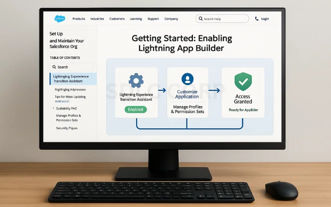 Getting Started guide for enabling Lightning App Builder with steps for enabling the transition assistant, customizing applications, and granting access.