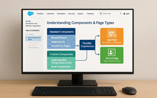 Salesforce Lightning App Builder tutorial slide on Understanding Components & Page Types showing standard components, custom components, app pages, and record pages.
