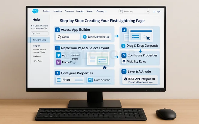 Step-by-step guide for creating a first Lightning Page including setup, layout selection, drag-and-drop components, visibility rules, and API integration.
