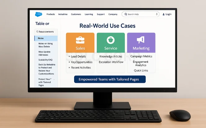 Real-world use cases of Lightning App Builder shown on a screen with sections for Sales, Service, and Marketing use cases, highlighting tailored pages for empowered teams.