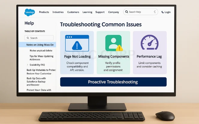 Computer screen displaying Salesforce Lightning App Builder tutorial on Troubleshooting Common Issues, highlighting Page Not Loading, Missing Components, and Performance Lag with a proactive troubleshooting section.