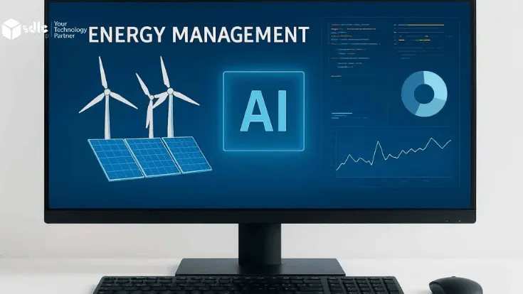 Generative AI for Energy banner showing solar panels, wind turbines, and smart grid technology under a clear sky