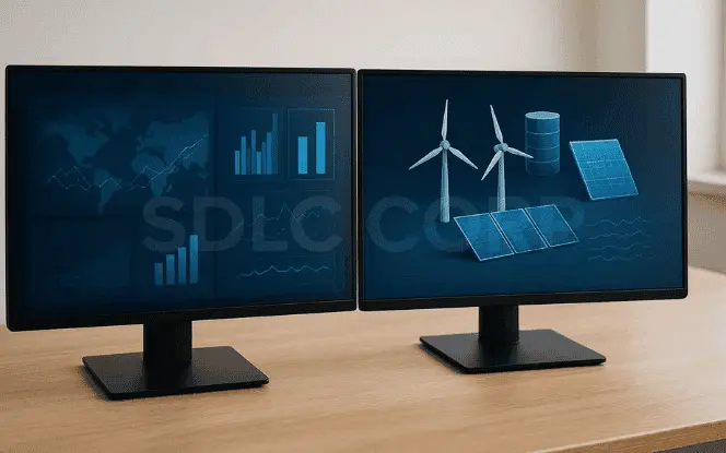 Dual-monitor Generative AI in Energy dashboard displaying renewable sources with solar, wind, and energy data insights.