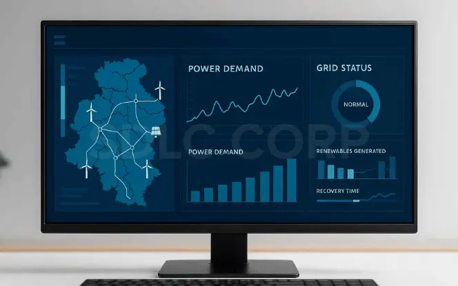 Dashboard interface of Generative AI in Energy featuring power demand, renewable grid status, and recovery time.