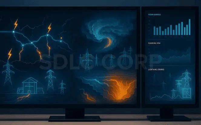 Energy resilience dashboard powered by Generative AI showing storm damage, flood risks, and lightning strike forecasts.