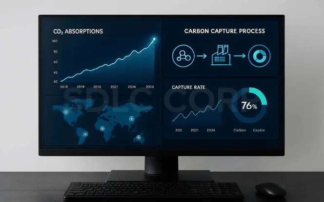 Generative AI in Energy dashboard displaying carbon capture process, absorption rates, and global data visualization.