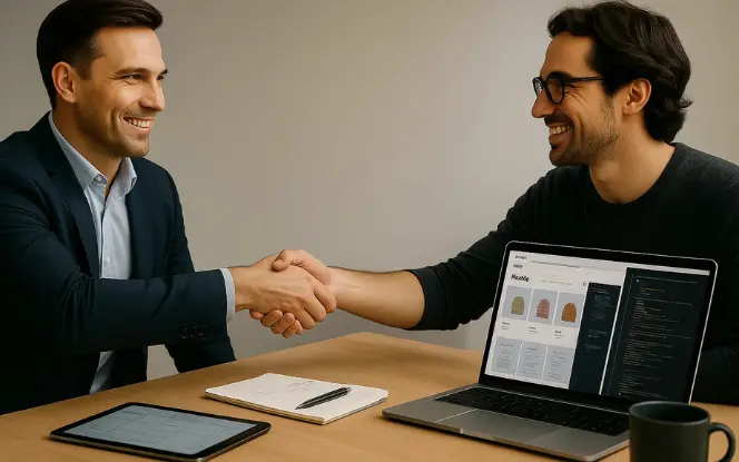 Client and B2B ecommerce consultant discussing platform architecture with ecommerce dashboards on laptops and workflow diagrams on whiteboards in a modern office setting