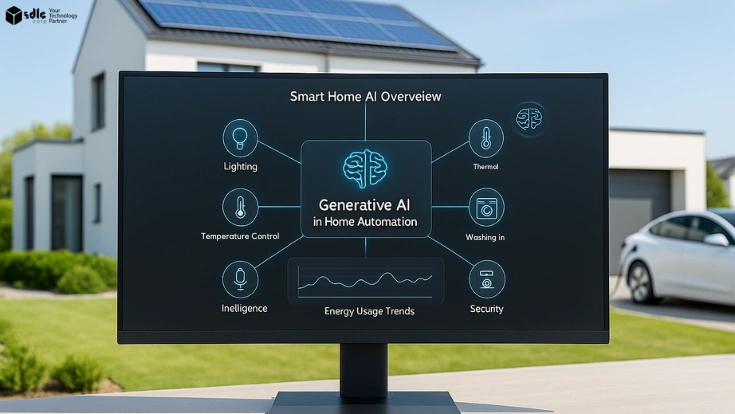 Hyper-realistic render of a modern smart home at dusk with solar panels, EV charging station, and glowing neon outlines, featuring a floating holographic dashboard labeled “Generative AI in Home Automation” with connected icons for lighting, thermostat, appliances, voice assistant, and security.
