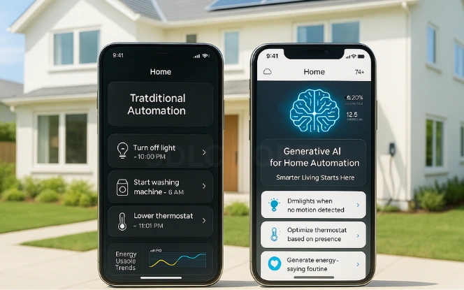 What Makes Generative AI Different in Home Automation Illustration of generative AI in home automation showing a smart home dashboard with icons for lighting, thermostat, appliances, voice assistant, and security, highlighting adaptive energy-saving suggestions.