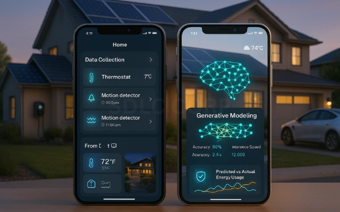 Technical Foundation of Generative AI in Home Automation Flat vector illustration of a modern smart home with solar panels, WiFi signal, and connected icons for lighting, thermostat, appliances, voice assistant, and security, representing the technical foundation of generative AI in home automation.