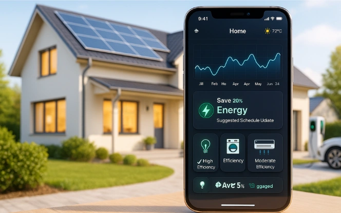 Energy Efficiency Illustration of a smart home with solar panels, energy usage charts, and glowing AI highlights symbolizing generative AI-driven energy efficiency.