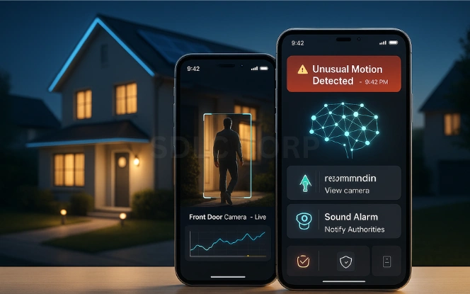 Security Systems Illustration of a smart home security system with AI integration, glowing shield icon, surveillance camera, and alert notifications symbolizing generative AI in home automation security.