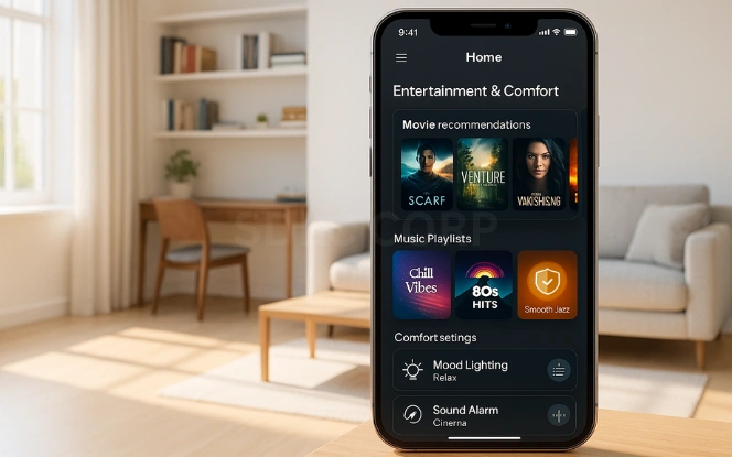 Entertainment and Comfort Smart home entertainment and comfort dashboard illustration showing glowing movie thumbnails, music playlists, and comfort settings like lighting, sound, and temperature, powered by generative AI.