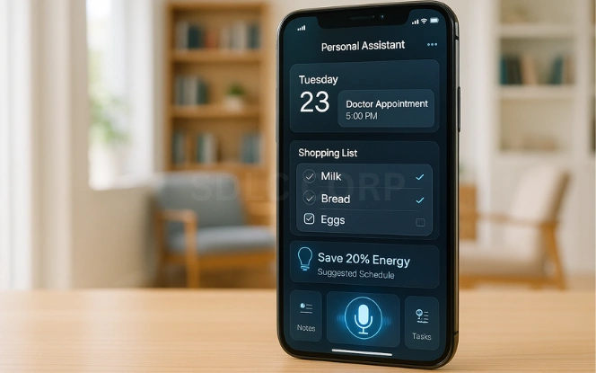Personalized Assistance Smart home personalized assistant dashboard illustration with digital calendar, shopping list, and voice activation microphone icon, enhanced by generative AI.