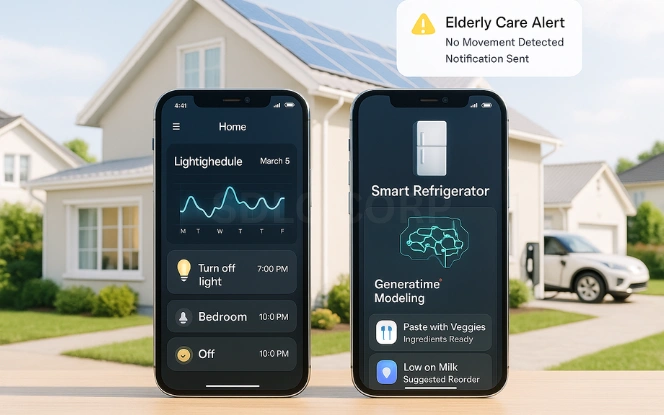 Case Studies: Real-World Uses Illustration showing real-world case studies of generative AI in smart homes, highlighting energy optimization, security alerts, and personalized assistance dashboards.