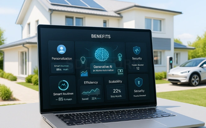 Benefits of Generative AI for Smart Devices Vector illustration of smart devices like lights, thermostat, washing machine, and security camera connected by generative AI, showing efficiency, personalization, and automation benefits.