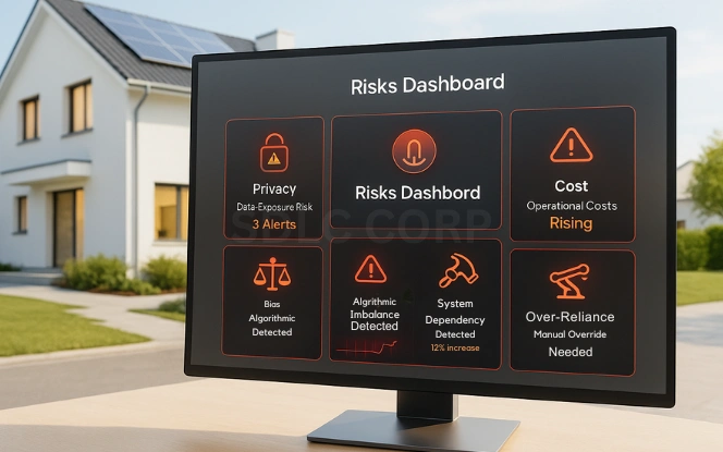 Challenges and Risks Illustration of smart home risks dashboard highlighting privacy, bias, cost, and over-reliance with glowing alert icons and warning signs.