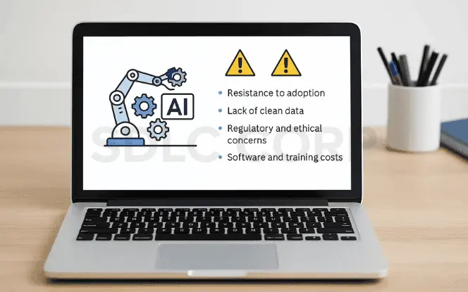 Laptop screen showing AI challenges in construction such as resistance, clean data, and regulatory concerns.