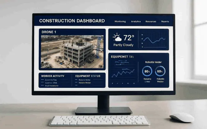 Laptop screen showing AI challenges in construction such as resistance, clean data, and regulatory concerns.