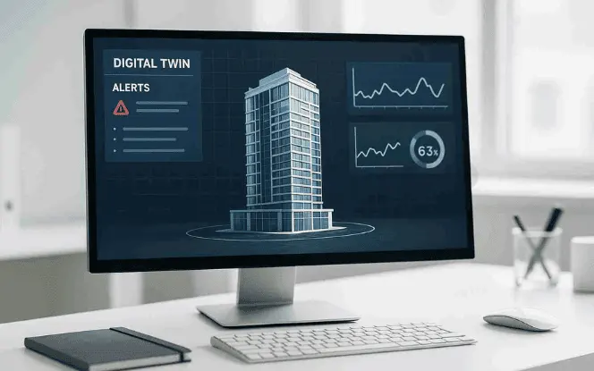 Monitor displaying a digital twin of a high-rise with AI performance alerts and analytics.