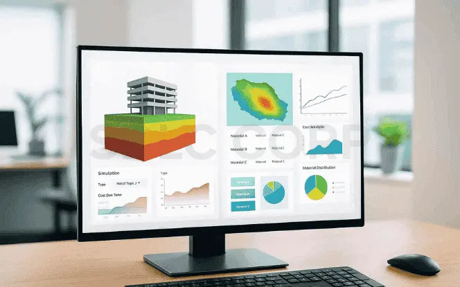 Desktop screen with AI-powered construction simulations, soil analysis, and cost prediction charts.