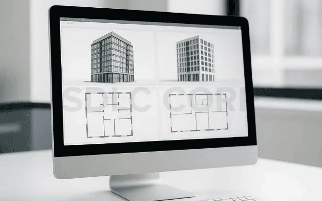 Monitor showing AI-generated building layouts and floor plans for smarter architectural design.