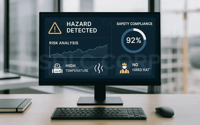 EDesktop monitor with AI safety compliance alerts, risk detection, and hazard analysis for construction sites.