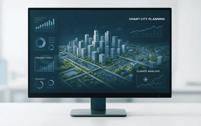 Computer screen displaying AI-driven smart city planning with infrastructure and climate analysis.
