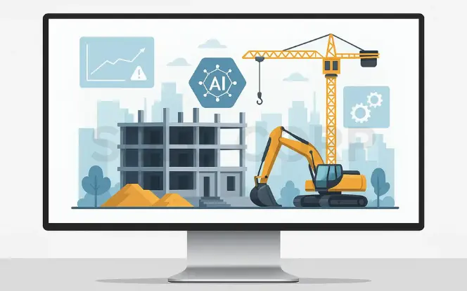 Monitor showing AI-powered design layouts, space optimization, and sustainability charts.