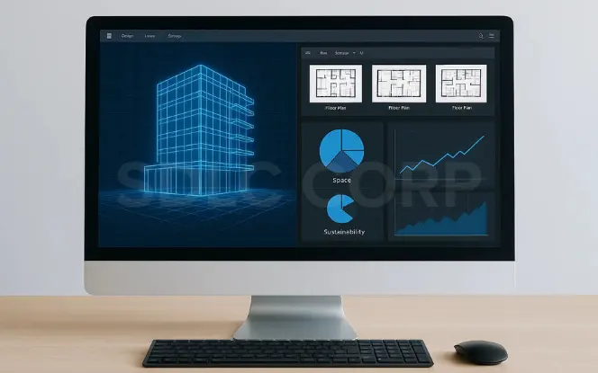 Monitor showing AI-powered design layouts, space optimization, and sustainability charts.