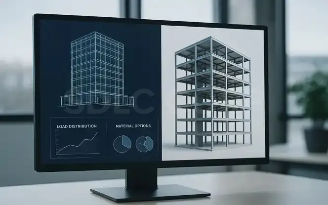 Generative AI structural engineering model on desktop screen showing load distribution and material options