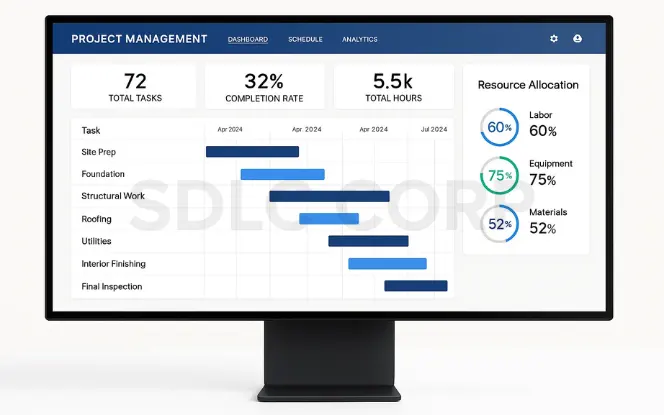 AI-powered project management dashboard on computer screen with scheduling and resource allocation charts