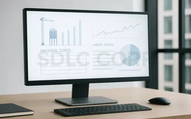 Generative AI construction budgeting dashboard on desktop showing material costs and labor rates
