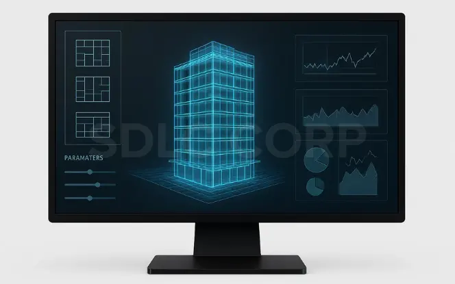 Generative AI architectural design 3D building model on desktop screen with project parameters