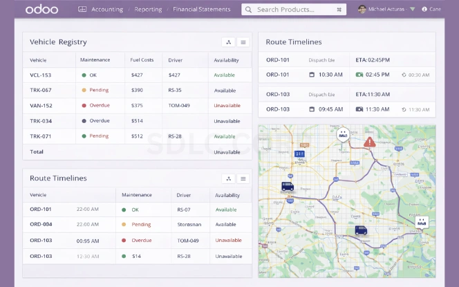 Fleet and route dashboard with vehicle registry, maintenance status, fuel costs, driver assignments, route timelines, map with active routes, truck pins, and ETA indicators in Odoo UI.