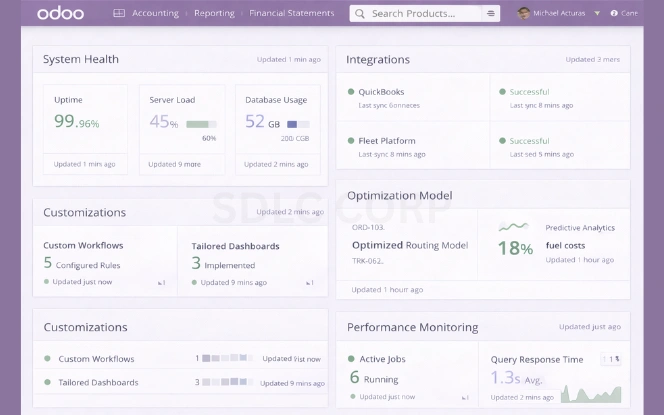 Implementation readiness dashboard with system health, customization modules, integration status, performance monitoring, optimized routing model card, and predictive analytics indicators in Odoo-style panels.