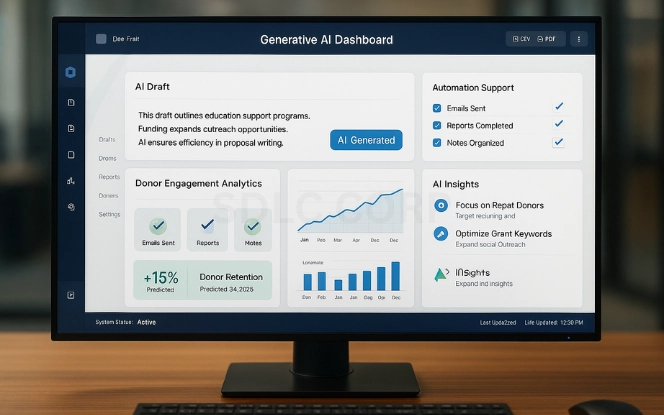 Widescreen monitor in a nonprofit office showing an AI dashboard with panels for grant writing, donor engagement, program design, and volunteer training, symbolizing the role of Generative AI in the nonprofit sector