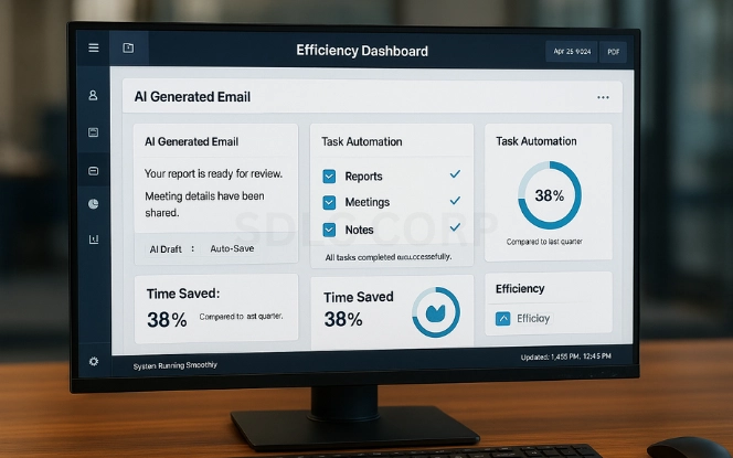 Vector illustration of a laptop screen showing a Generative AI dashboard for nonprofits with icons for donation tracking, volunteer management, and campaign reports, representing efficiency in administrative tasks