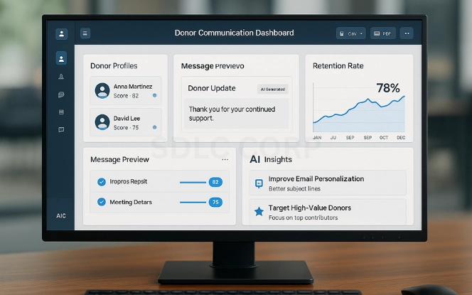 Vector illustration of a Generative AI dashboard for nonprofits showing donor communication tools with chat bubbles, personalized messages, and engagement charts, representing better donor communication