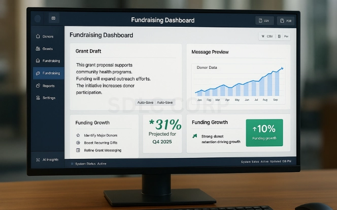 Vector illustration of a laptop screen displaying a Generative AI dashboard for nonprofits with a grant draft panel and donor contribution charts, representing grant writing and fundraising support
