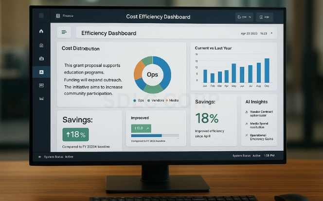Vector illustration of a laptop screen showing a Generative AI dashboard for nonprofits with a pie chart and bar chart highlighting expenses and savings, symbolizing cost savings