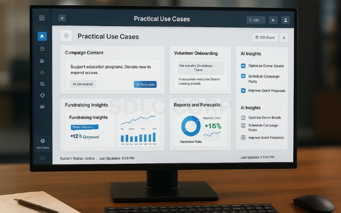 Office desk with a widescreen monitor displaying nonprofit AI use cases including grant writing, donor engagement, content creation, program design, and volunteer training with charts and documents