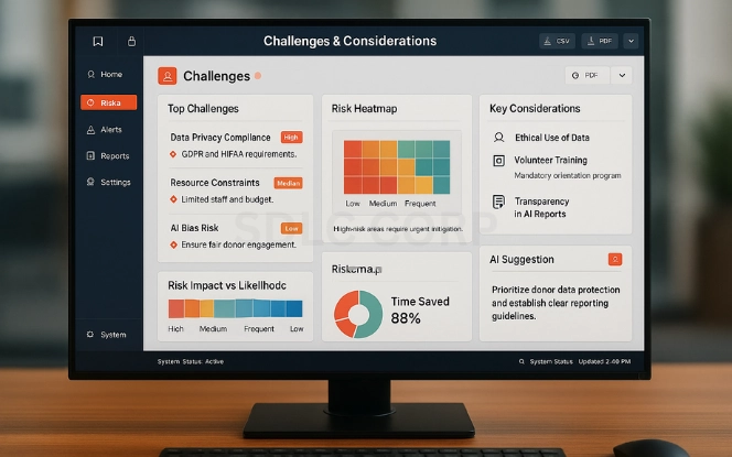 Executive desk with a widescreen monitor showing a nonprofit risk management dashboard with categories like data privacy, bias, training, accuracy, and costs marked by red, yellow, and green status indicators, alongside mitigation strategies
