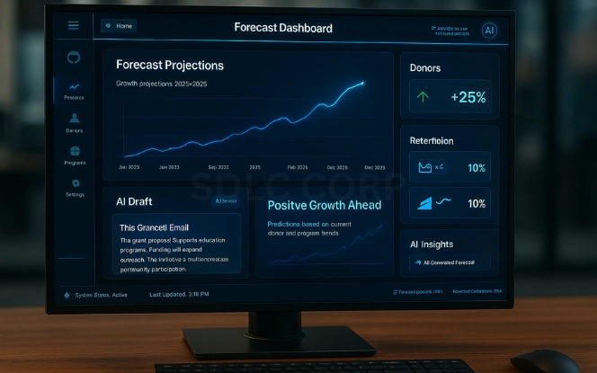 Modern nonprofit office with a widescreen monitor displaying a glowing 3D globe connected to donors, volunteers, and beneficiaries, with KPIs for engagement, grant success, and global impact
